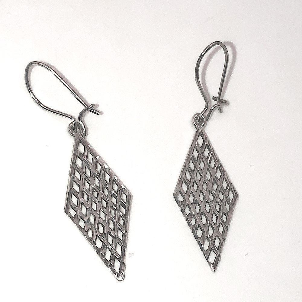 Vtg Sterling Silver Diamond Marquis Shaped Lattice Trellis Style Earrings 2”
